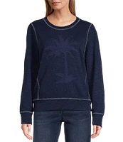 Tommy Bahama Tobago Bay Slub Knit Crew Neck Long Sleeve Palm Tree Design Pullover Sweater