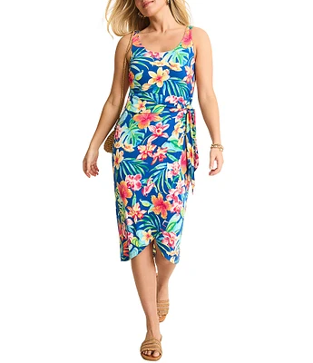 Tommy Bahama Tropi-Flore Spandex Jersey Crew Neck Sleeveless Wrap Midi Dress