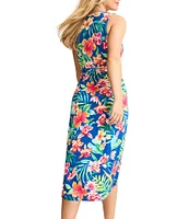 Tommy Bahama Tropi-Flore Spandex Jersey Crew Neck Sleeveless Wrap Midi Dress