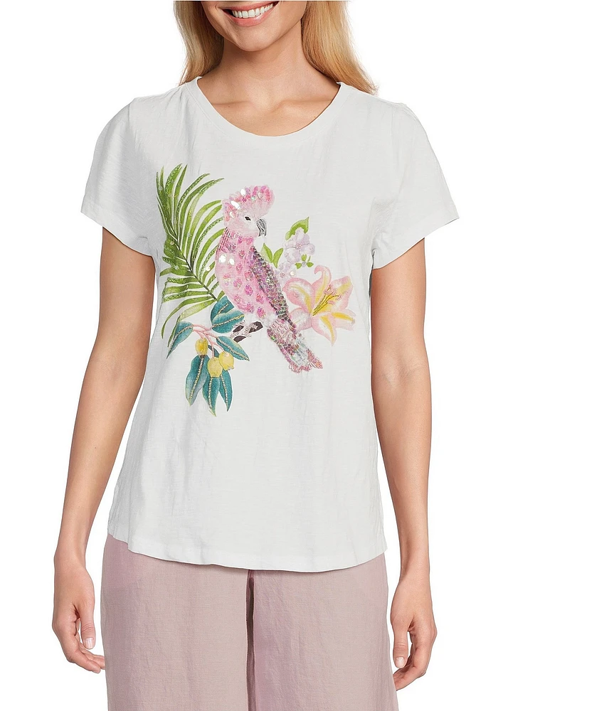 Tommy Bahama Tropical Bliss Printed Lux Organic Cotton Slub Jersey Crew Neck Sequin Embroidered Tee