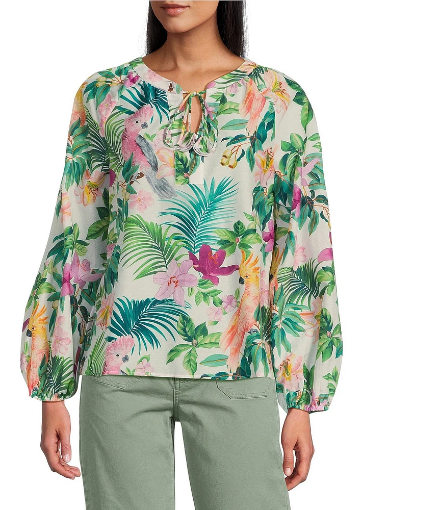 Tommy Bahama Tropical Bliss Silk Voile Crew Neck Long Sleeves Peasant Top