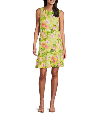 Tommy Bahama Tropical Floral Print Crew Neck Sleeveless Flounce Hem Dress