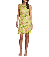 Tommy Bahama Tropical Floral Print Crew Neck Sleeveless Flounce Hem Dress