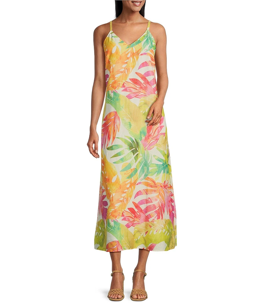 Tommy Bahama Tropicana Isle Printed V-Neck Sleeveless Spaghetti Strap A-Line Maxi Dress