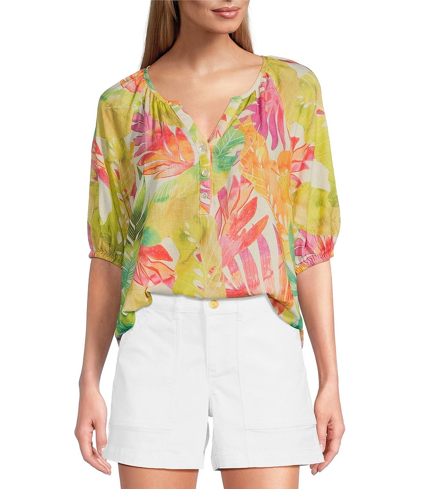 Tommy Bahama Tropicana Isle Printed Woven Split V-Neck Short Puff Sleeves Top