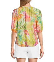 Tommy Bahama Tropicana Isle Printed Woven Split V-Neck Short Puff Sleeves Top