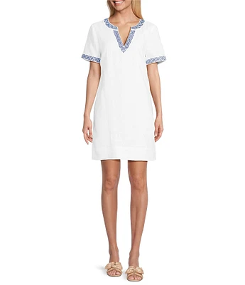 Tommy Bahama Two Palms Coastal Tiles Linen Blend Contrasting Trim Split Neck Short Sleeve Dress