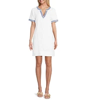 Tommy Bahama Two Palms Coastal Tiles Linen Blend Contrasting Trim Split Neck Short Sleeve Dress
