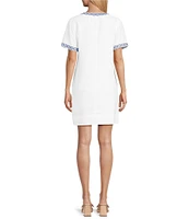Tommy Bahama Two Palms Coastal Tiles Linen Blend Contrasting Trim Split Neck Short Sleeve Dress
