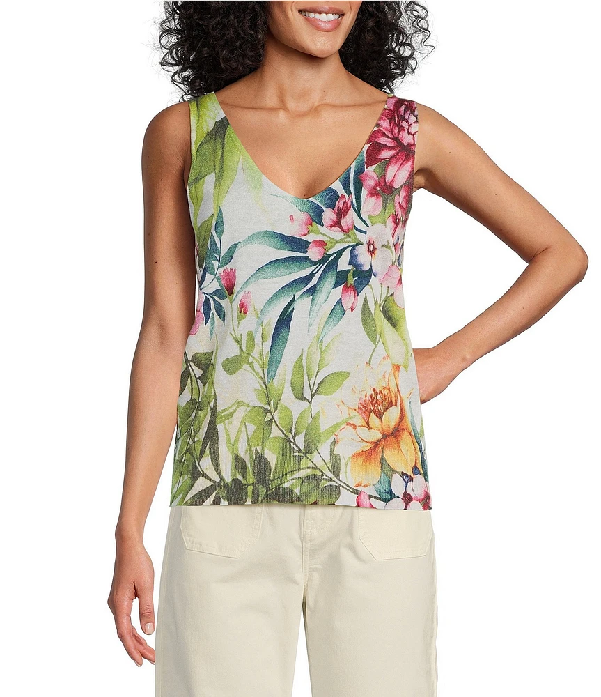 Tommy Bahama Verde Blooms Addison Lightweight Linen Blend V-Neck Sleeveless Tank Top