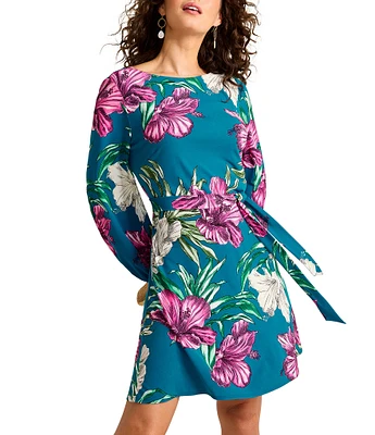 Tommy Bahama Villa Garden Floral Printed Knit Jersey Boat Neck Long Balloon Sleeve Tie Waist A-Line Mini Dress