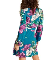 Tommy Bahama Villa Garden Floral Printed Knit Jersey Boat Neck Long Balloon Sleeve Tie Waist A-Line Mini Dress