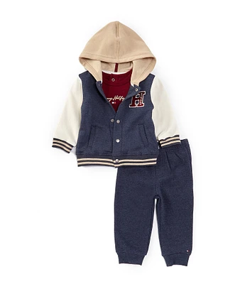 Tommy Hilfiger Baby Boys 12-24 Months Hooded Baseball Jacket, Short-Sleeve Logo T-Shirt & Jogger Pant Set