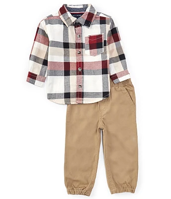 Tommy Hilfiger Baby Boys 12-24 Months Long Sleeve Plaid Woven Shirt & Solid Brushed Poplin Pant Set