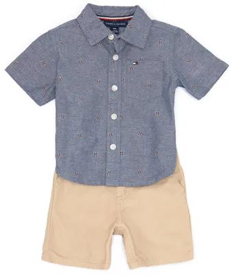 Tommy Hilfiger Baby Boys 12-24 Months Short Sleeve Patterened Woven Chambray Shirt & Solid Twill Shorts Set