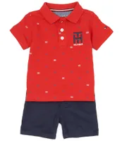 Tommy Hilfiger Baby Boys 12-24 Months Short Sleeve Patterned Pique Knit Polo Shirt & Solid Microsuede Twill Shorts Set