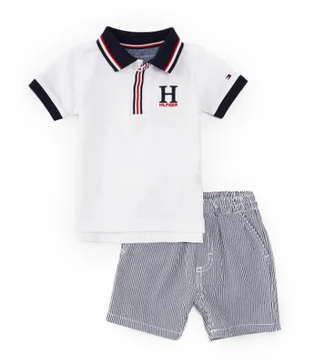 Tommy Hilfiger Baby Boys 12-24 Months Short Sleeve Pique Knit Polo Shirt & Vertical-Striped Yarn-Dyed Corded Shorts Set