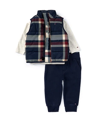 Tommy Hilfiger Baby Boys 12-24 Months Sleeveless Plaid Puffer Vest, Long Sleeve Monogram-Logo T-Shirt & Jogger Pant Set