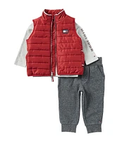 Tommy Hilfiger Baby Boys 12-24 Months Sleeveless Quilted Puffer Vest, Long-Sleeve Logo Thermal T-Shirt & Fleece Jogger Set