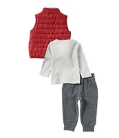 Tommy Hilfiger Baby Boys 12-24 Months Sleeveless Quilted Puffer Vest, Long-Sleeve Logo Thermal T-Shirt & Fleece Jogger Set