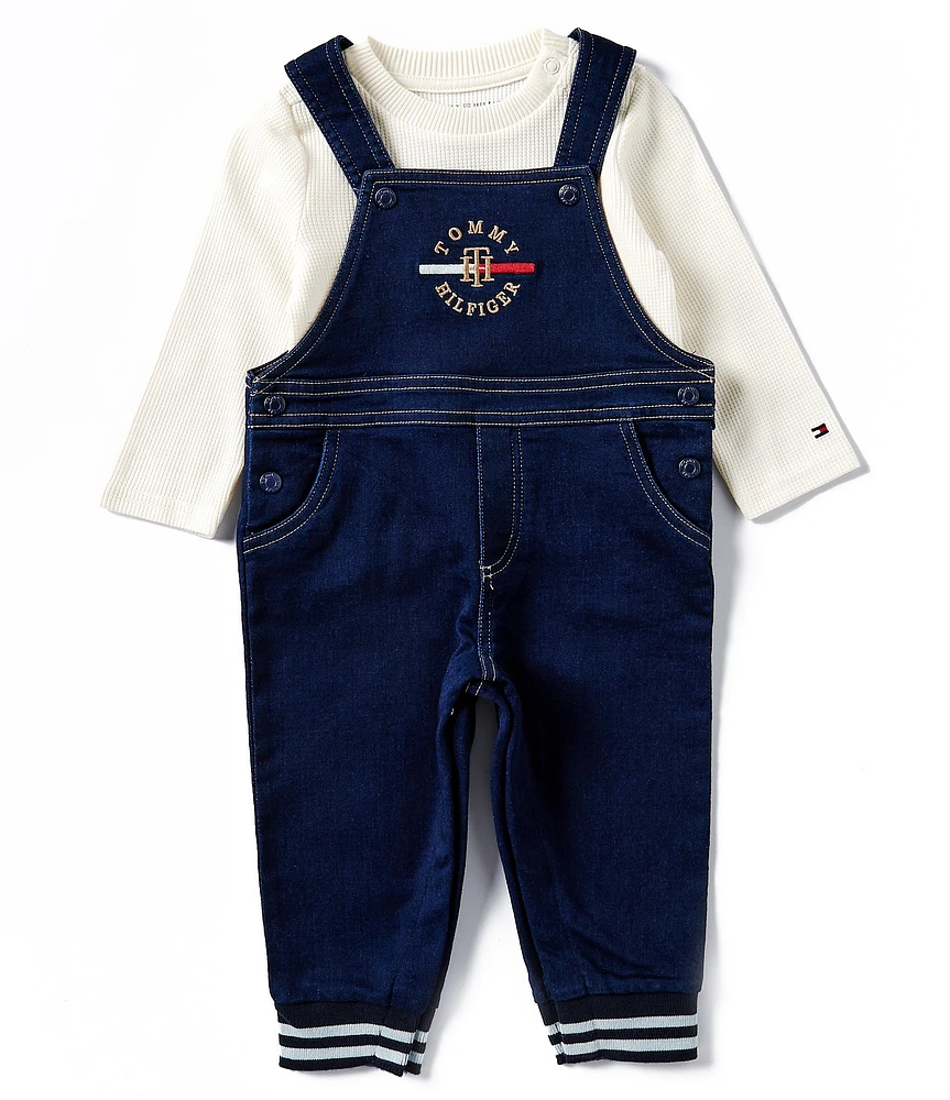 Tommy Hilfiger Baby Boys Newborn-9 Months Sleeveless Denim-Look French Terry Overalls & Long Sleeve RIbbed Thermal T-Shirt