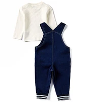 Tommy Hilfiger Baby Boys Newborn-9 Months Sleeveless Denim-Look French Terry Overalls & Long Sleeve RIbbed Thermal T-Shirt