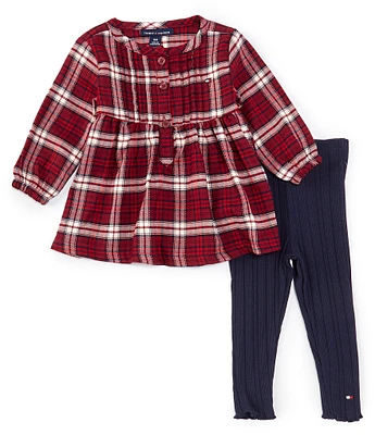 Tommy Hilfiger Baby Girls 12-24 Months Long Sleeve Plaid Peasant Top & Solid Ribbed Leggings Set