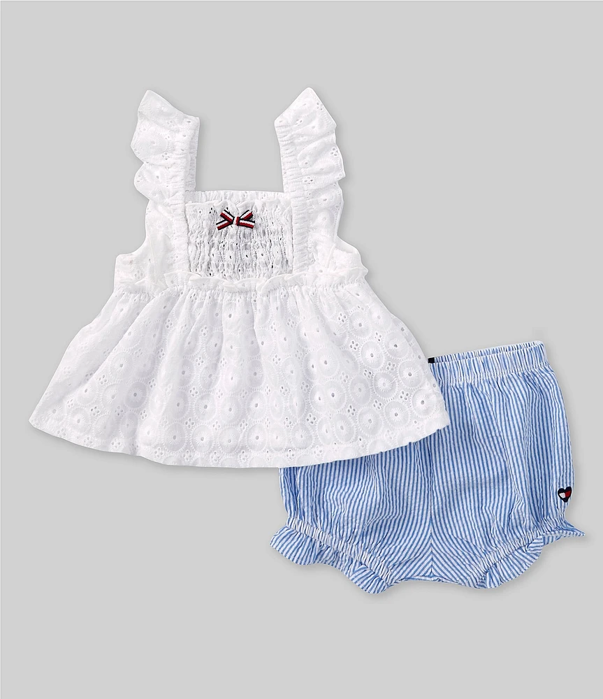 Tommy Hilfiger Baby Girls Newborn-9 Months Flutter-Sleeve Eyelet Babydoll Top & Seersucker Bloomers Set