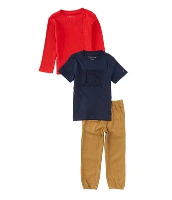 Tommy Hilfiger Little Boys 2T-4T Long Sleeve Thermal T-Shirt, Short-Sleeve Logo Knit T-Shirt & Solid Twill Jogger Pant Set