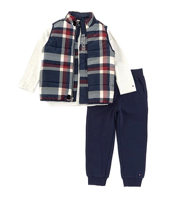 Tommy Hilfiger Little Boys 2T-4T Plaid Puffer Vest, Long-Sleeve T-Shirt & Jogger Pant Set