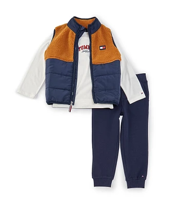 Tommy Hilfiger Little Boys 2T-4T Sleeveless Color Block Quilted Puffer Vest, Long Sleeve Logo T-Shirt & Fleece Jogger Pant Set