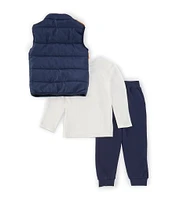 Tommy Hilfiger Little Boys 2T-4T Sleeveless Color Block Quilted Puffer Vest, Long Sleeve Logo T-Shirt & Fleece Jogger Pant Set