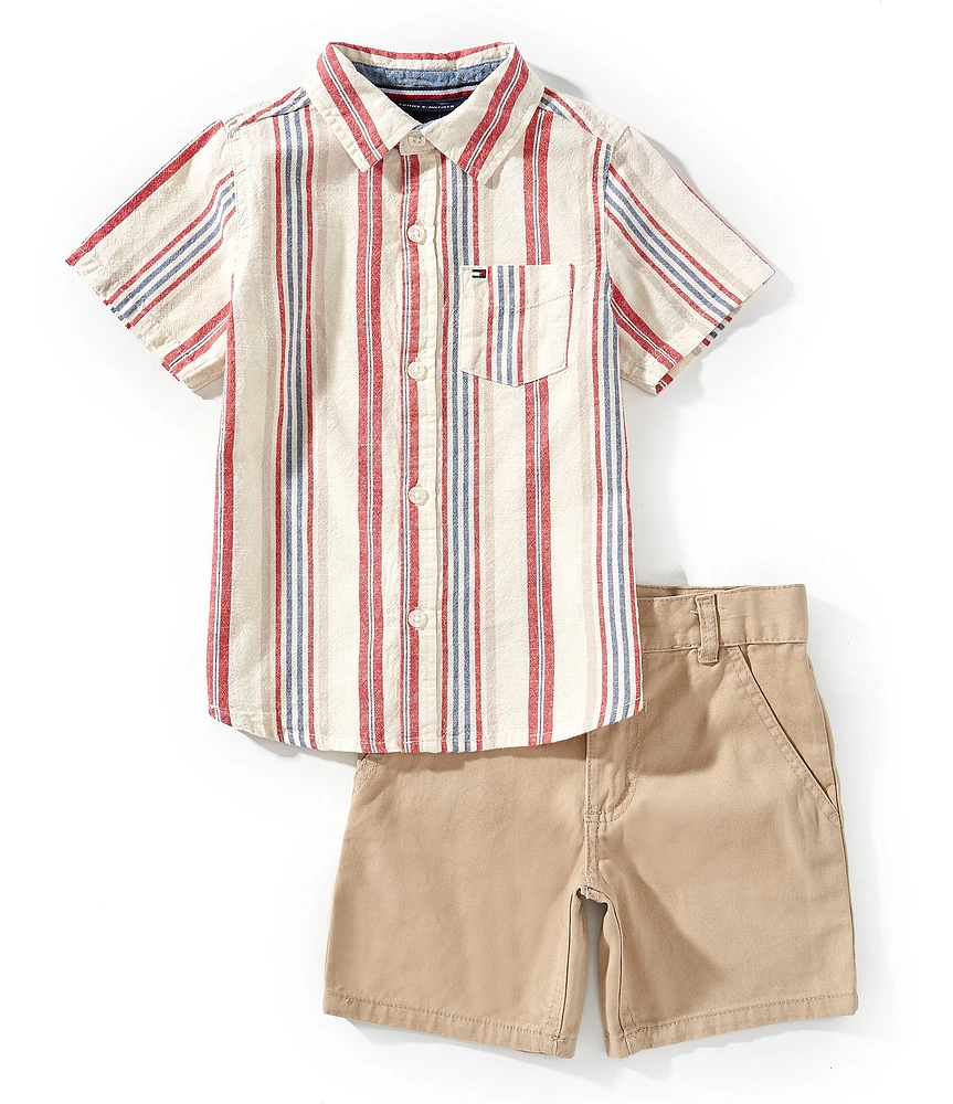 Tommy Hilfiger Little Boys 2T-7 Short-Sleeve Striped Woven Shirt & Solid Woven Shorts Set