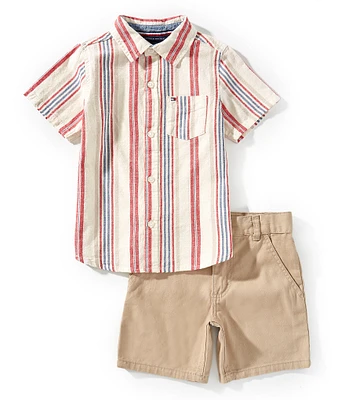 Tommy Hilfiger Little Boys 2T-7 Short-Sleeve Striped Woven Shirt & Solid Woven Shorts Set