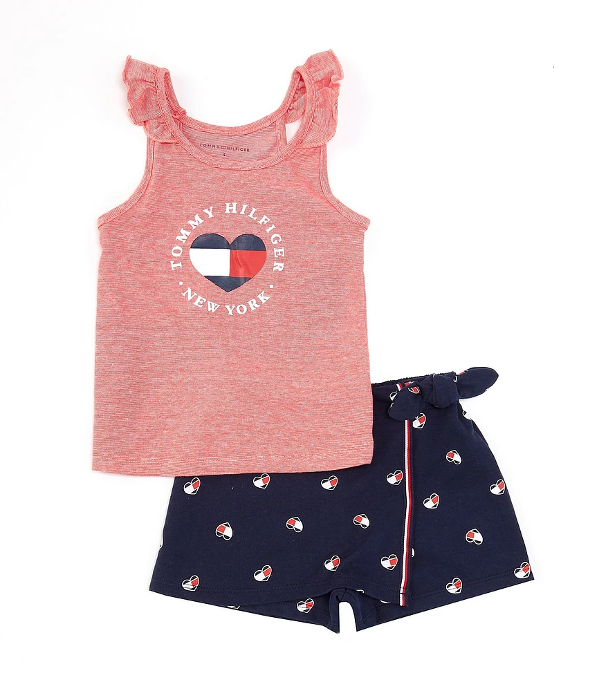 Tommy Hilfiger Little Girls 2T-6X Striped Heart-Graphic Jersey Tank Top & Allover-Flag-Motif French Terry Skort Set