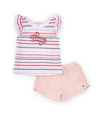 Tommy Hilfiger Little Girls 2T-7 Flutter-Sleeve Striped Logo Jersey T-Shirt & Ruched-Side-Panel Chambray Shorts Set