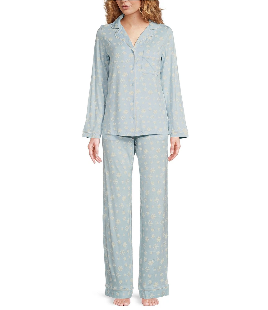 Tommy John Downtime Long Sleeve Notch Collar Knit Snowflake Print Holiday Pajama Set