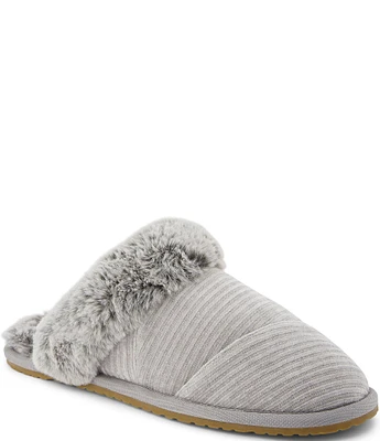 TOMS Valerie Rib Knit Faux Fur Trim Plush Mule House Slippers