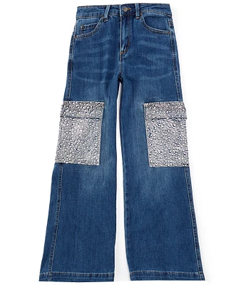 Tractr Big Girls 7-46 Rhinestone-Embellished Cargo-Pocket Wide-Leg Jeans