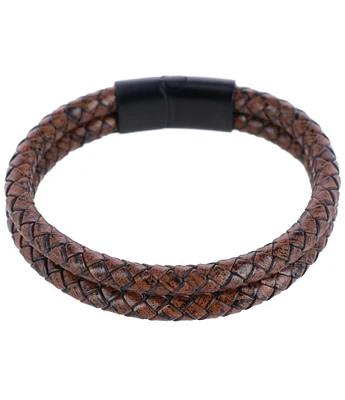 Trafalgar Simple 2 Band Braided Secure Clasp Leather Bracelet