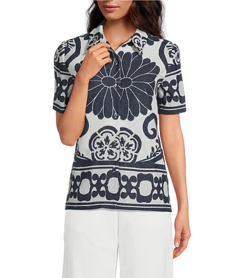 Trina Turk Abba Printed Clip Jacquard Point Collar Short Sleeve Top