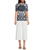 Trina Turk Abba Printed Clip Jacquard Point Collar Short Sleeve Top