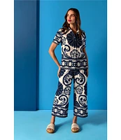 Trina Turk Abba Printed Clip Jacquard Point Collar Short Sleeve Top