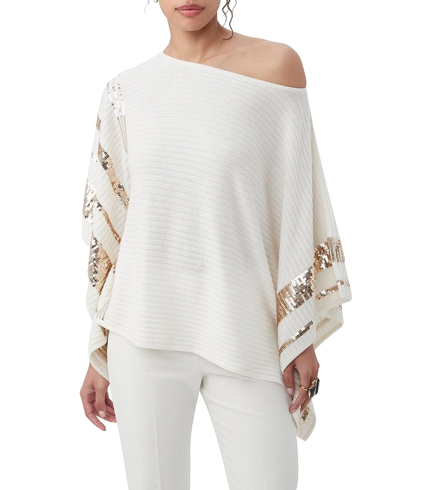 Trina Turk Adela Ribbed Knit Off-The-Shoulder 3/4 Dolman Sequin Sleeve Top