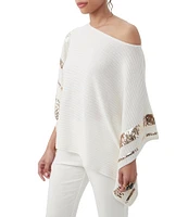 Trina Turk Adela Ribbed Knit Off-The-Shoulder 3/4 Dolman Sequin Sleeve Top