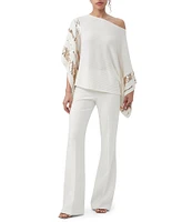 Trina Turk Adela Ribbed Knit Off-The-Shoulder 3/4 Dolman Sequin Sleeve Top