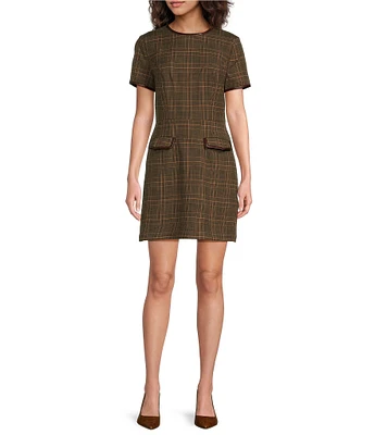 Trina Turk Adisa Woven Plaid Print Round Neck Short Sleeve Sheath Dress