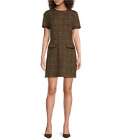 Trina Turk Adisa Woven Plaid Print Round Neck Short Sleeve Sheath Dress