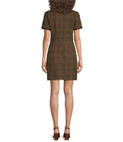 Trina Turk Adisa Woven Plaid Print Round Neck Short Sleeve Sheath Dress