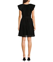 Trina Turk Afilia Woven V-Neck Cap Ruffle Sleeve Gathered Waist A-Line Dress